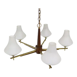 Danish Mid Century Modern Light Fixture Chandelier 5 Frosted Glass Shades
