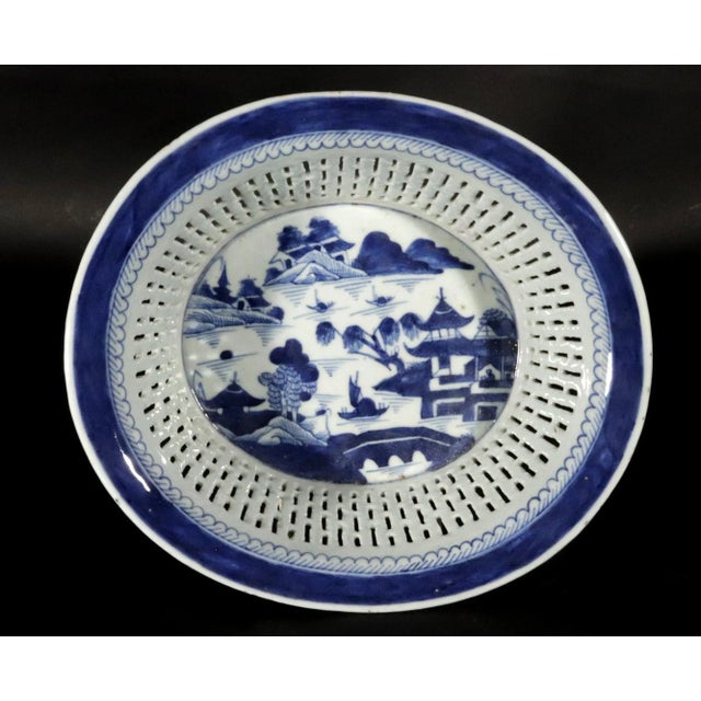 Chinese Export Porcelain Canton Blue & White Chestnut Basket & Stand For Sale - Image 4 of 9
