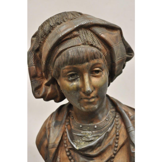 Renaissance 19th Century Antique E. Rousseau Cast Spelter Metal French Maiden Woman Bust Sculpture For Sale - Image 3 of 12