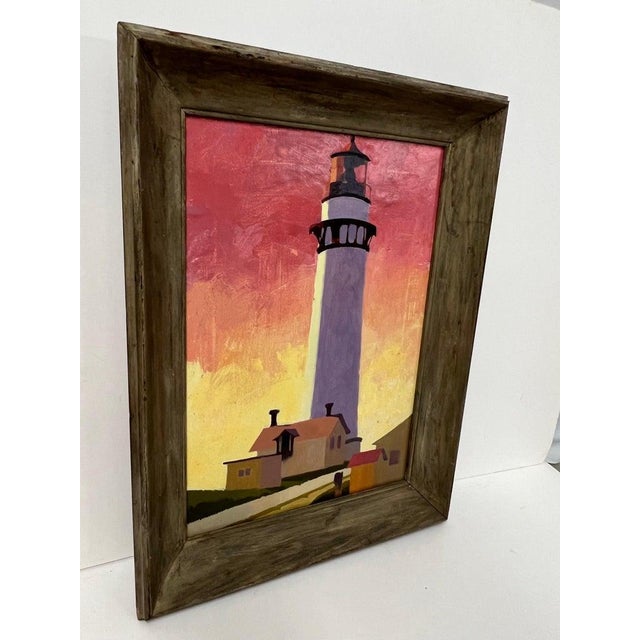 Contemporary Painting of a Lighthouse. Nice composition with pink and gray hues. Housed in a thick mid century driftwood...