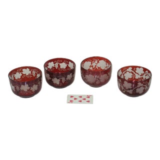 Antique Bowls Ruby Bohemian Glass Red Flashed Engraved Copper Wheel Grape Leaf - Set of 4 For Sale