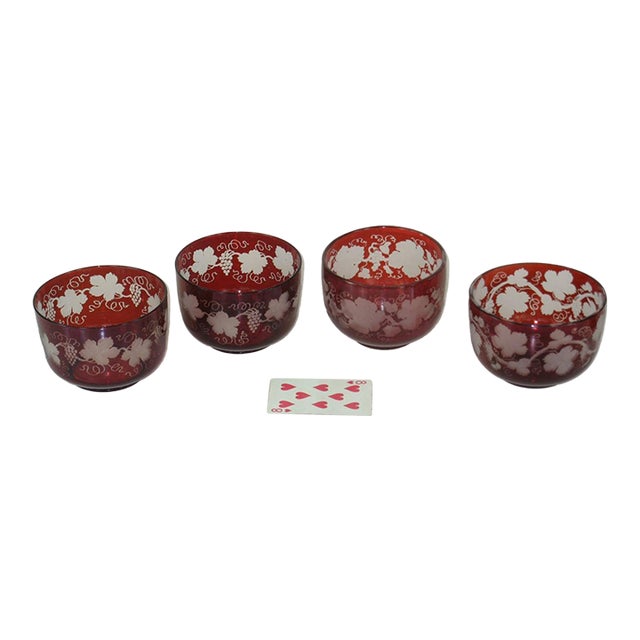 Antique Bowls Ruby Bohemian Glass Red Flashed Engraved Copper Wheel Grape Leaf - Set of 4 For Sale