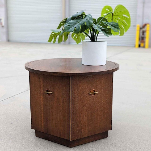 1970s Round Walnut Cabinet End Table With Storage For Sale - Image 10 of 10
