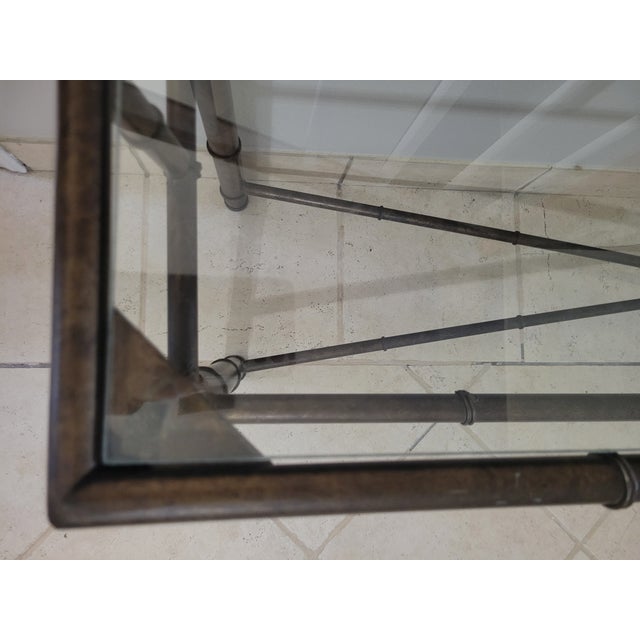 Metal Vintage Faux‑Bamboo Metal Console Table With Glass Top For Sale - Image 7 of 12
