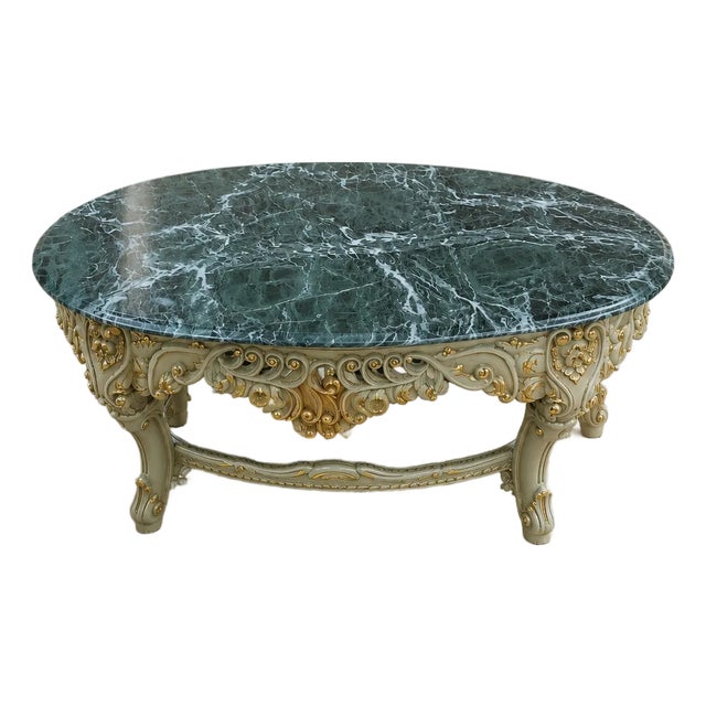 Luxury French Rococo Coffee Table – Sky Blue Frame With Gold Leaf Details & Marble Top For Sale