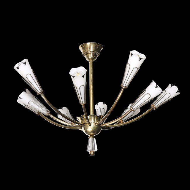 Mid-Century Tulip Form Chandelier in Brass & Frosted Glass W/ Enamel Detailing For Sale - Image 4 of 11