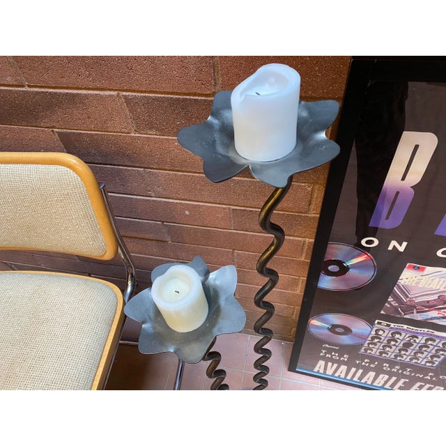 Postmodern Four Feet Tall Postmodern Hand Forged Steel Curvy Pedestal Sculpture Double Candelabra Display For Sale - Image 3 of 7
