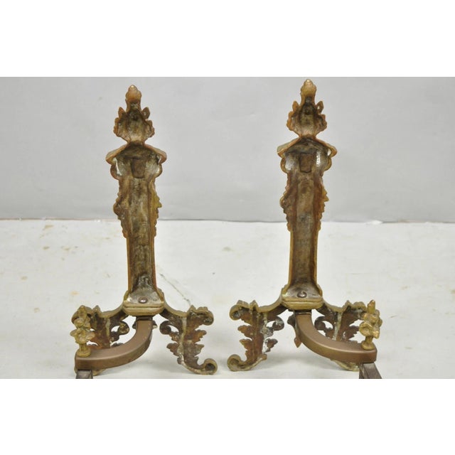 Antique French Empire Style Bronze Corinthian Column Fireplace Andirons - A Pair For Sale - Image 12 of 14