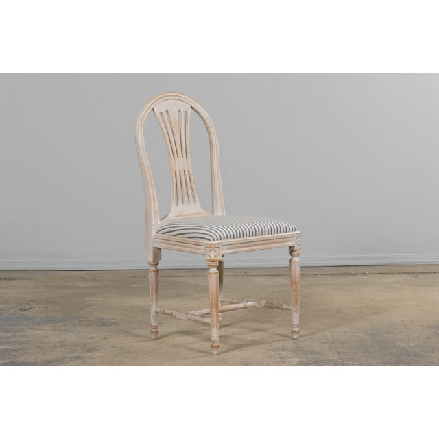 Wood French Louis XVI Style Painted Dining Chairs W/ Striped Linen - Set of 6 For Sale - Image 7 of 18
