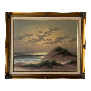 1970s Vintage Coastal Dune Landscape Oil Painting in Ornate Gold Wood Frame – Signed