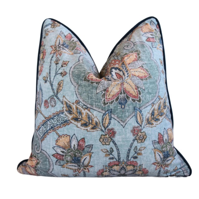 Early 21st Century Designer French Jacobean Floral Botanical Feather/Down Pillow 22" Square For Sale - Image 5 of 8