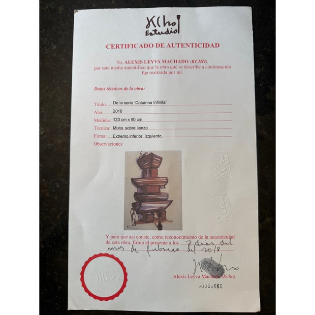 2010s Alexis Leyva Machado “Kcho” – Columna Infinita – Mixed Media on Canvas - Coa - 49" H X 37" W For Sale - Image 5 of 5