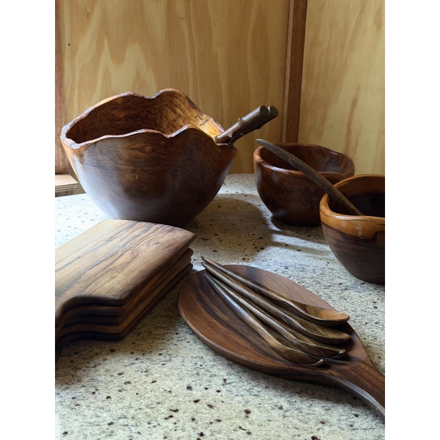 Hand-Carved Olive Wood Serveware, 1980s, Set of 16 For Sale - Image 15 of 18