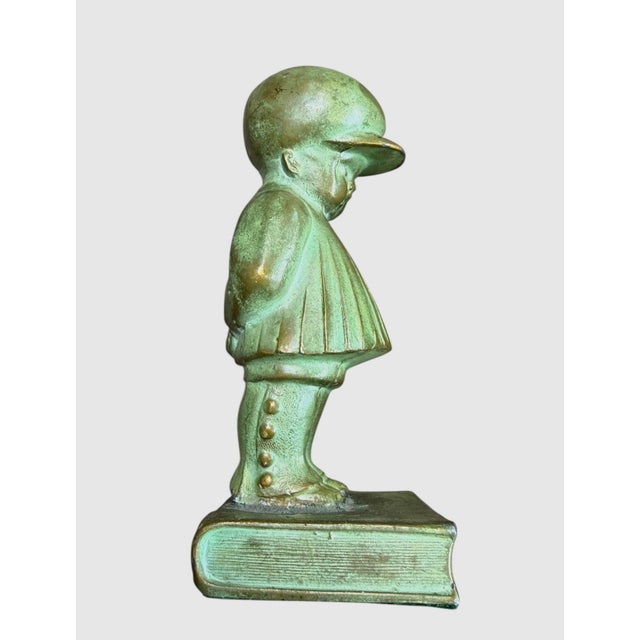 Verdigris Antique Bronze-Clad Boy & Girl Figural Bookends, Verdigris Patina, C. 1920s, Sold as a Pair For Sale - Image 8 of 10