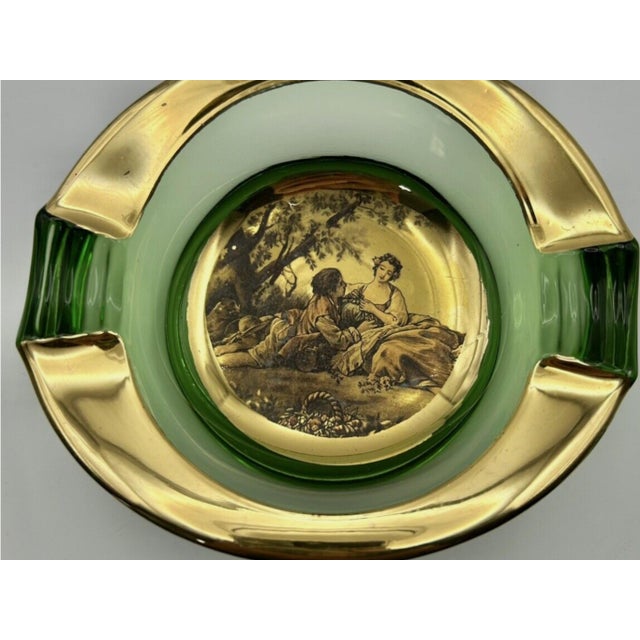 Vintage Italian Romeo & Juliet Ashtray Trinket Dish Green Glass With Gold 1950 For Sale - Image 10 of 12