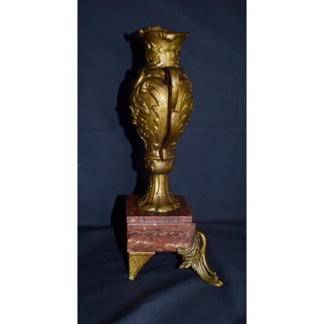 Goldenrod Antique French Rococo Metal Urn Vase Marble Base Mantle Garniture 19th C For Sale - Image 8 of 17