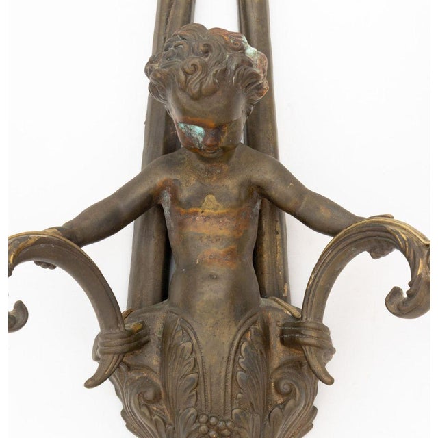 Patinated Brass Cherub Candlestick Sconces, Pair For Sale - Image 11 of 13