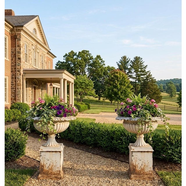 White Pair of 19th Century Victorian White Painted Cast Iron Garden Urns on Pedestals For Sale - Image 8 of 12