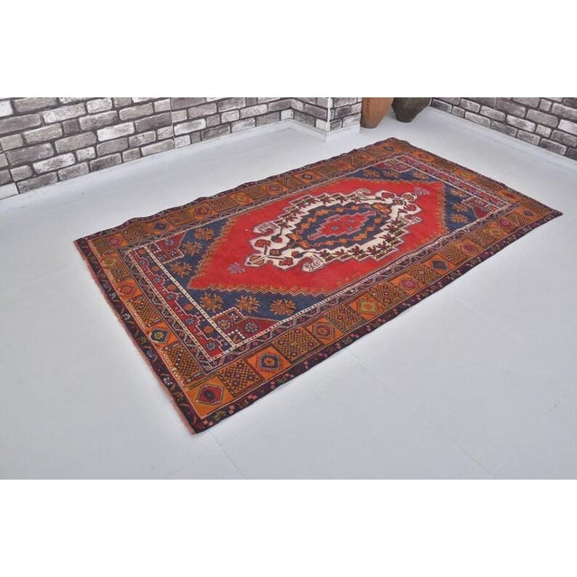 Textile Vintage Anatolian Wool Area Rug, Bold Red Field With Navy Blue Geometric Medallion For Sale - Image 7 of 10