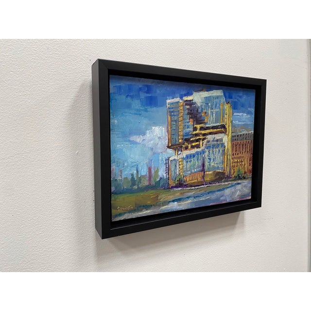 This oil on panel artwork presents a striking architectural study of the MAD Studios building, characterized by bold...