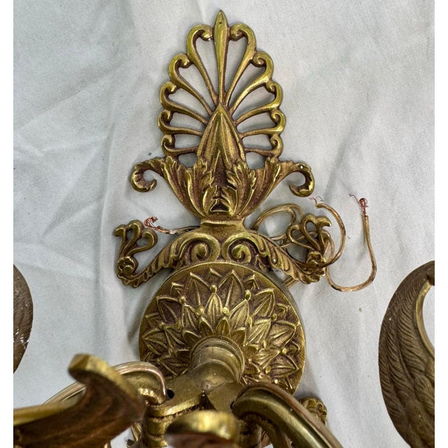 Traditional Vintage Pair of Brass Empire Revival Double Swan Electric Light Wall Sconces For Sale - Image 3 of 9