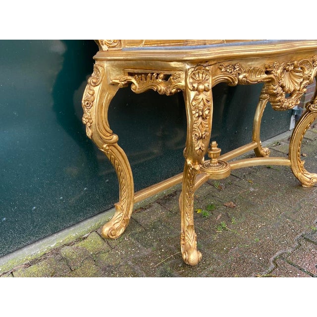 1940s French Louis XVI Baroque Rococo Console Table & Mirror Set – Hand-Carved Beechwood With Marble Top For Sale - Image 6 of 12