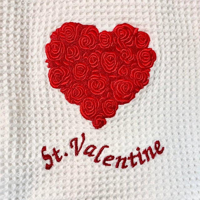 Vintage Hollywood Regency St. Valentine Waffle Kitchen Towel With Roses Heart For Sale - Image 6 of 13