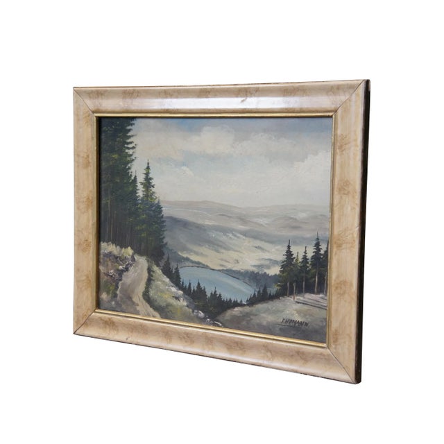 Folk Art Vintage Eduard Enzmann Alpine Lake Landscape Oil Painting on Board 19" For Sale - Image 3 of 10