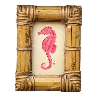 Original Hand-Painted Sea Horse Painting Framed in a Vintage Bamboo & Rattan Frame For Sale