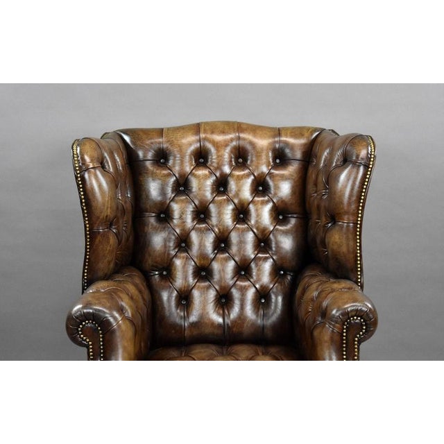 Antique Hand-Dyed Leather Wing Back Armchair, 1920 For Sale - Image 3 of 10