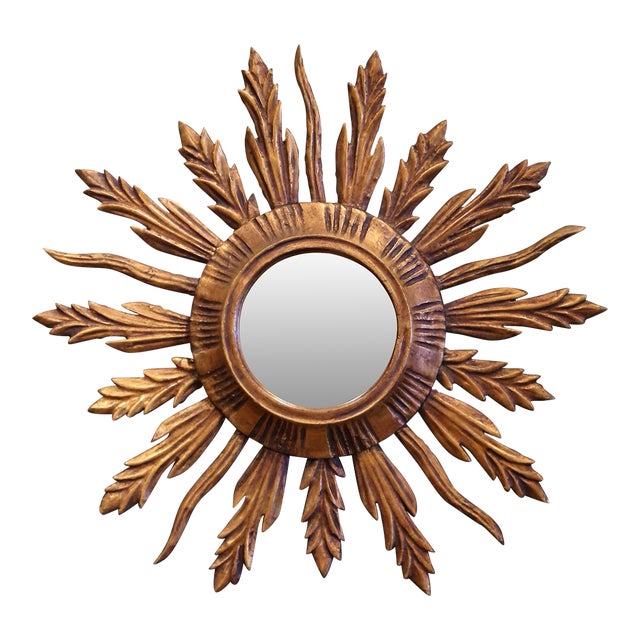 Mid-Century French Carved Giltwood Painted Wall Sunburst Mirror For Sale