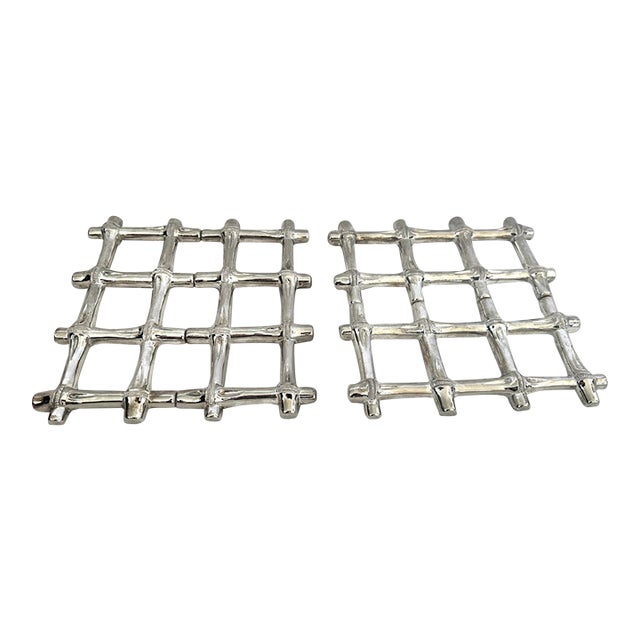 1970s Silver Faux Bamboo Trivets - Pair For Sale