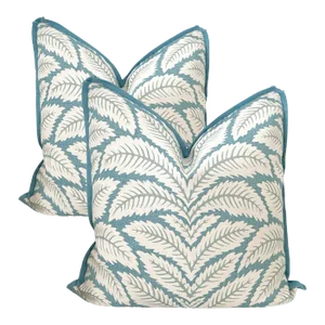 Aqua Botanical Leaf 22" Pillows - a Pair