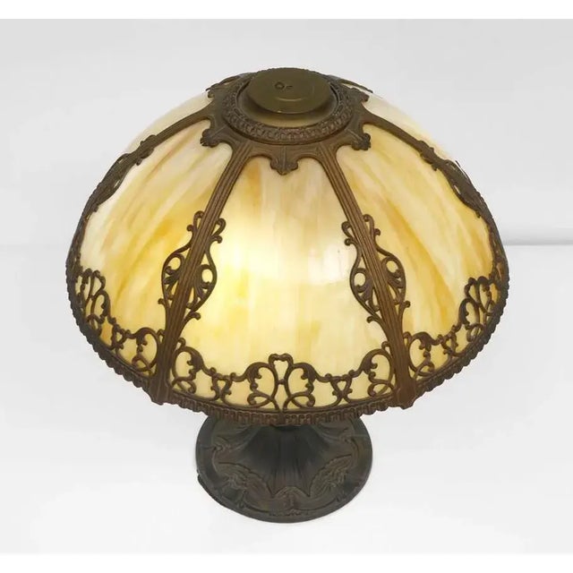 Glass Pittsburgh 6 Bent Panel Slag Glass Leaded Table Lamp For Sale - Image 7 of 8