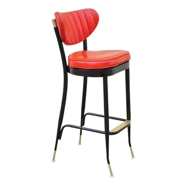 Mid 20th Century Vintage Mid Century Lion Brand Black Metal Red Vinyl Italian Style Barstool For Sale