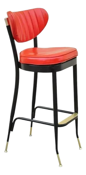 Mid 20th Century Vintage Mid Century Lion Brand Black Metal Red Vinyl Italian Style Barstool