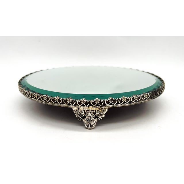 8" Vintage Round Mirrored Plateau Tray With Ornate Silver-Tone Gallery – Hollywood Regency / Neoclassical For Sale - Image 9 of 15