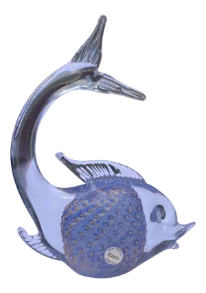 Italian Murano Art Glass Fish Blue Gold Flecks Controlled Gold Bubbles Mid Century Fish