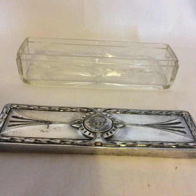 Metal Early 20th Century Silver Plate Lid, Etched Crystal Dressing Table Box For Sale - Image 7 of 11
