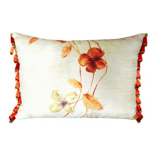 Red and Gold Floral Accent Pillow With Bead Tassels For Sale