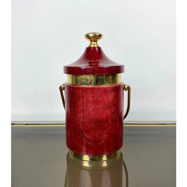 Red Goatskin & Brass Ice Bucket by Aldo Tura, Italy, 1960s For Sale - Image 6 of 13