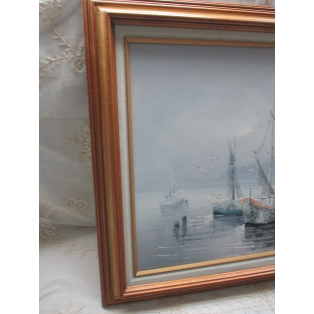 Vintage Sunset Seascape on Canvas of Fishing Village With Boats & Seagulls, Framed For Sale - Image 4 of 9