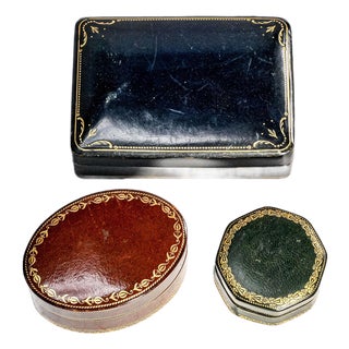 Vintage Italian Leather Box Collection Handcrafted Gilt Decor Keepsake Boxes, Jewelry & Desk Storage, Old World European Home Decor For Sale