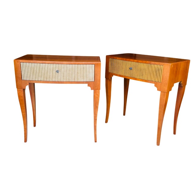 French Vintage Baker Furniture French Regency Side Tables, Pair | Mid-Century Cherry Demilune Nightstands With Gilt Reeded Drawers For Sale - Image 3 of 15