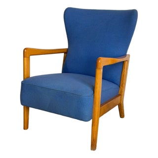 Blue Upholstered Beechwood Lounge Chair Danish Mid-Century Modern 1960s For Sale