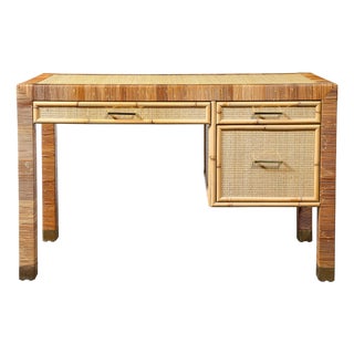 Mid-Century Modernist Rattan & Bamboo Wrapped Desk Signed Bielecky Brothers For Sale