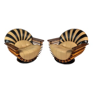 Set of Two (2) Art Deco Organic Modern "Luxor" Armchair / Lounge Chairs in Leather, Spruce & Palmwood Attributed to Pacific Green, Australia, C. 2000s For Sale