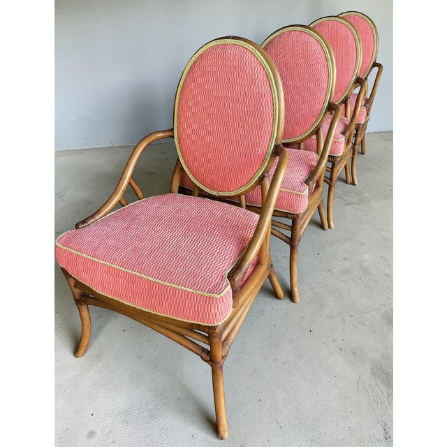 Wood Vintage Medallion Back Rattan Dining Chairs With Custom Green and Pink Upholstery– Set of 4 For Sale - Image 7 of 12