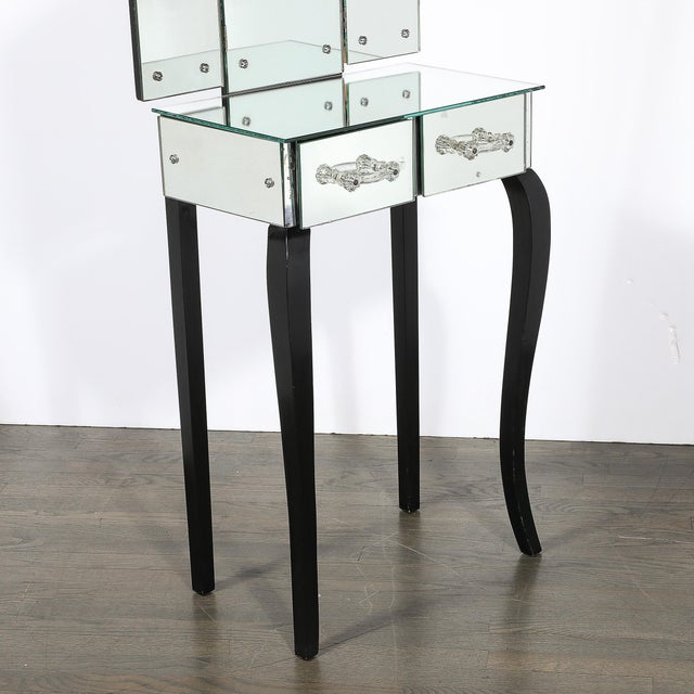 Art Deco Hollywood Mirrored Trifold Ebonized Cabriole Leg Vanity W/ Glass Pulls For Sale - Image 16 of 18