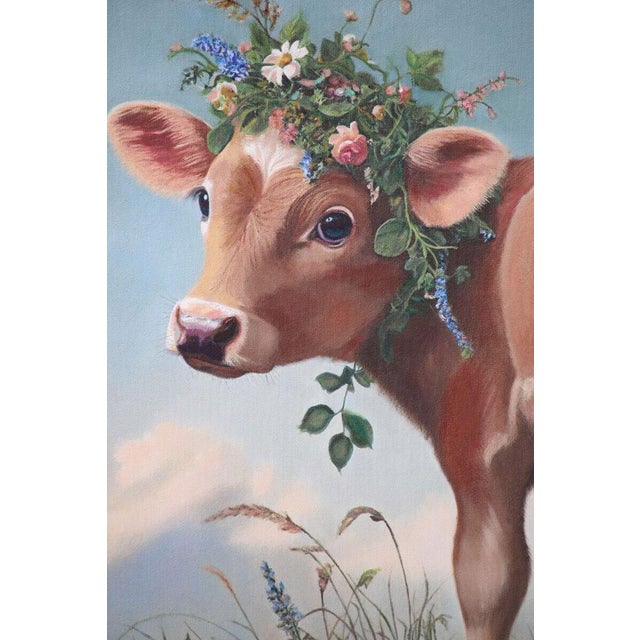 Ivy (Floriferous CowCalf) by Carrie Goller | Oil on canvas Cow with flowers and a bird on its back For Sale - Image 4 of 4